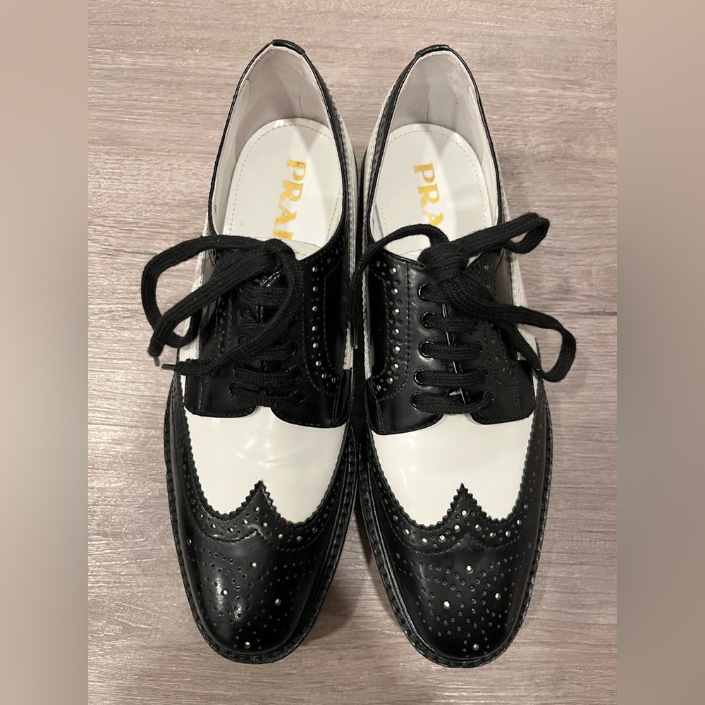 Prada Black White Leather Platform Wingtip Espadrille Brogue Oxford Size 37 EUC